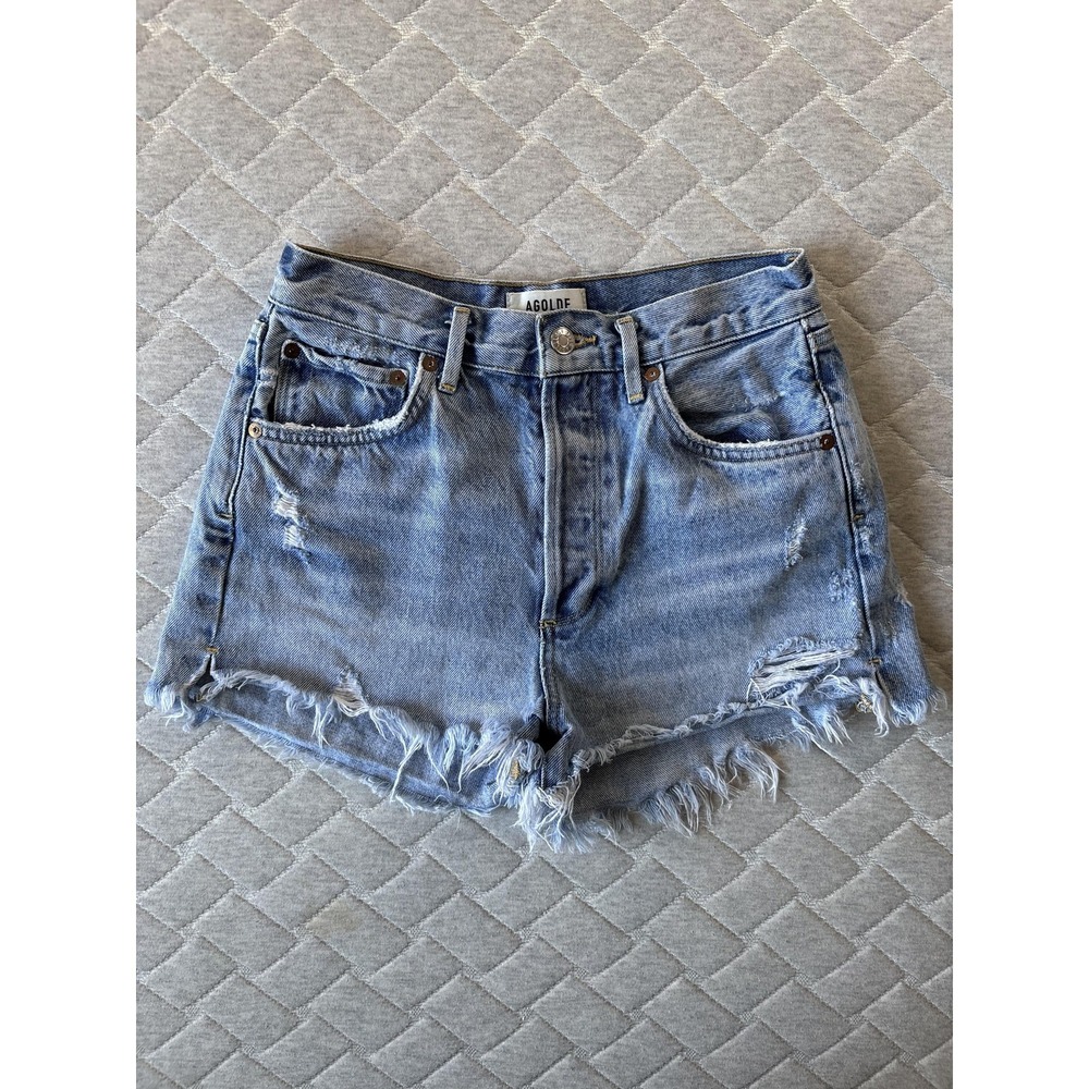 AGOLDE Jaden Shorts Womens 26 Blue Denim Distressed Button Fly Cutoff Frayed Hem